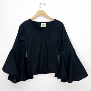 Mytholon Women’s Black Felice Light Weight Cotton Wide Bell Sleeve Blouse